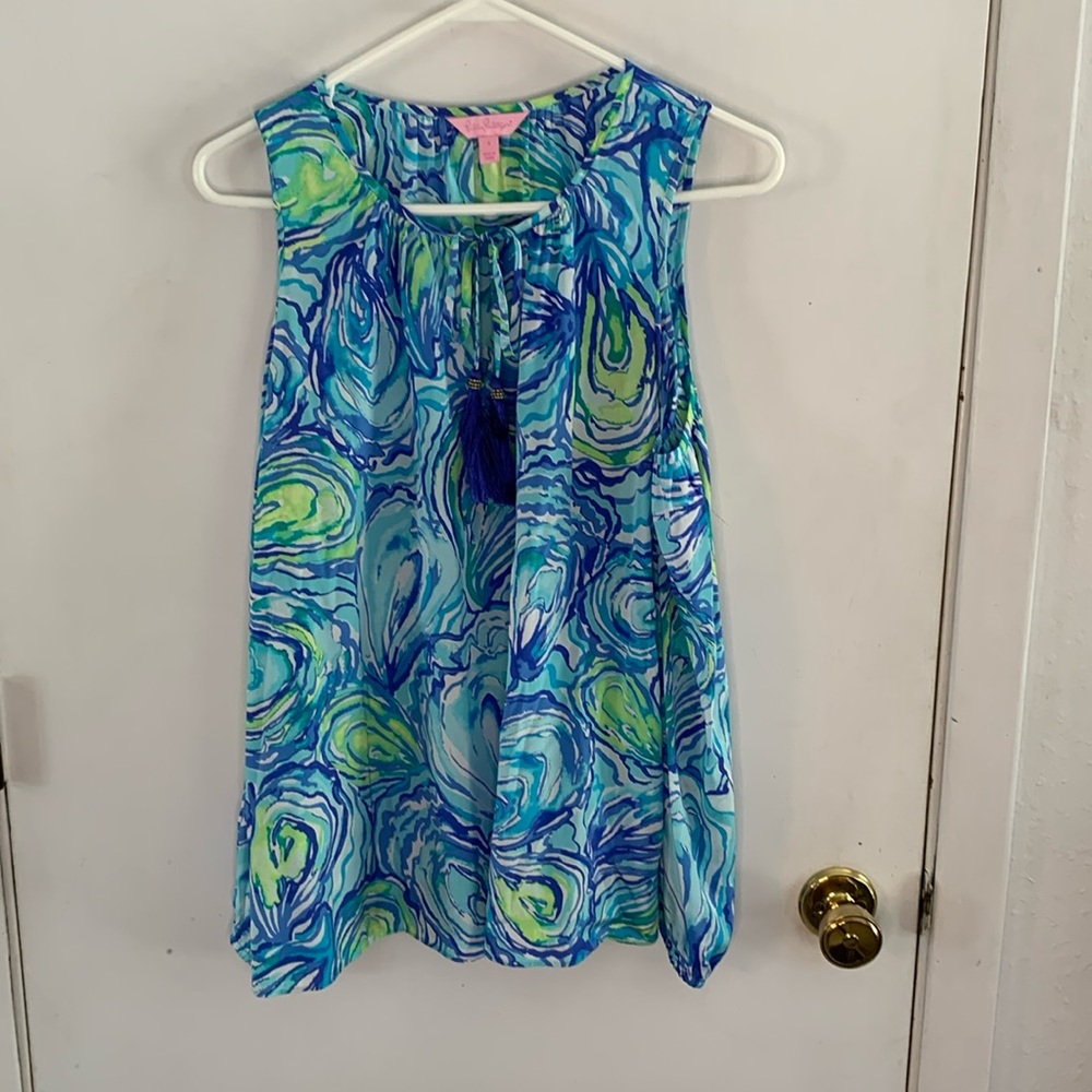 Lilly Pulitzer blue, turquoise, lime green silk cold shoulder long sleeve blouse